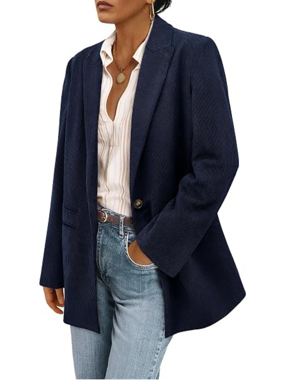 NWT;🌸 PRETTYGARDEN  navy blue corduroy blazer featuring a single-button closure.